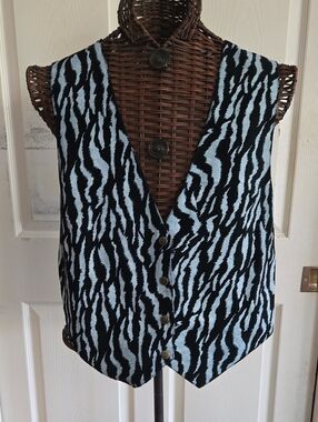AGAPO  Black & Light Blue-Gray  Zebra Leather Vest-Size Large